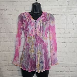 Women's Pink Multicolor Sheer Pintuck Henley Tunic Sz Sm Beach Festival Flowly